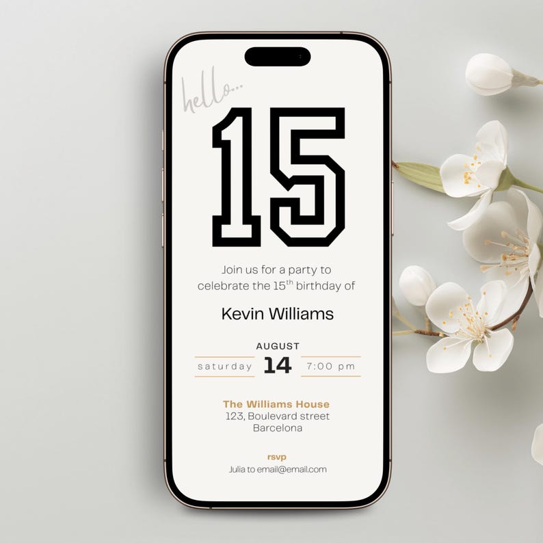 Elegant 15th birthday invitation template for boys with a clean, modern layout. Perfect for a digital birthday invite, party invitation, or birthday announcement. Ideal for anyone turning fifteen and planning a stylish celebration.