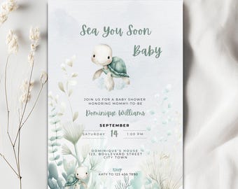 Zaproszenie na baby shower w stylu oceanicznym, neutralne pod względem płci, szablon z motywem nadmorskim (do pobrania w wersji cyfrowej)