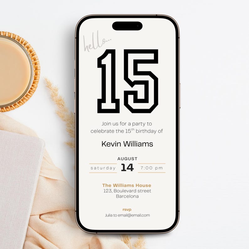 Elegant 15th birthday invitation template for boys with a clean, modern layout. Perfect for a digital birthday invite, party invitation, or birthday announcement. Ideal for anyone turning fifteen and planning a stylish celebration.
