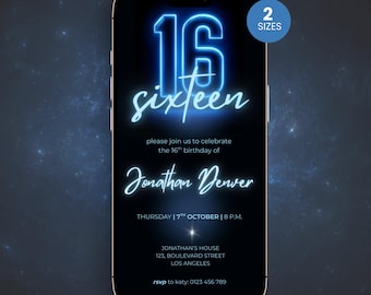 16th Birthday Digital Invitations for Boys, Editable Glow Party Neon Template, Instant Download, Fun Invite for Teens, Milestone evite
