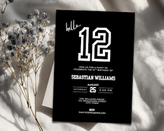 Invitación editable para el 12.º cumpleaños de un niño - Fiesta deportiva minimalista en negro (descarga digital)