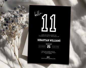 Invitación editable para el 11.º cumpleaños de niño - Fiesta minimalista negra (descarga digital)