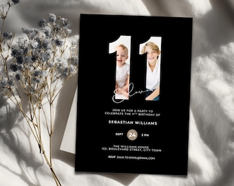 Invitación de cumpleaños número 11 para niños con foto - Invitación editable para preadolescentes en color negro (Descarga digital)