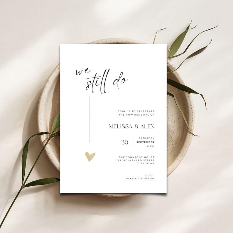 Minimalistic and elegant “We Still Do” wedding anniversary invitation with modern handwritten typography in black and white. This digital download can be used as an evite, phone text invitation, or printable card for a vow renewal, golden wedding, silver anniversary, or bronze celebration. The simple and timeless layout creates a sophisticated atmosphere for couples celebrating lasting love with style and grace.