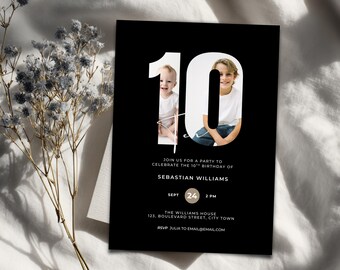 Invitación de cumpleaños número 10 para niños con foto - Invitación editable para adolescentes afroamericanos (Descarga digital)