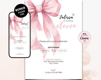 May include: A pink and white birthday invitation with a watercolor bow and the text "Jalissa is turning eleven." Includes a phone-sized version. The invitation details the date, time, and location.