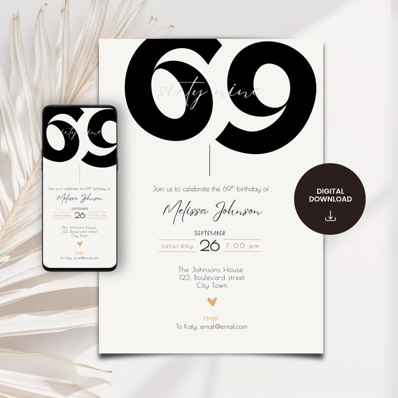 Elegant 69th Birthday Invitation, Editable Modern Minimal Party Invite ...