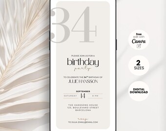 May include: A digital birthday party invitation displayed on a smartphone. The design includes the number 34, the words "birthday party", and event details. Includes "free edit with Canva", "2 sizes", and "digital download" text.