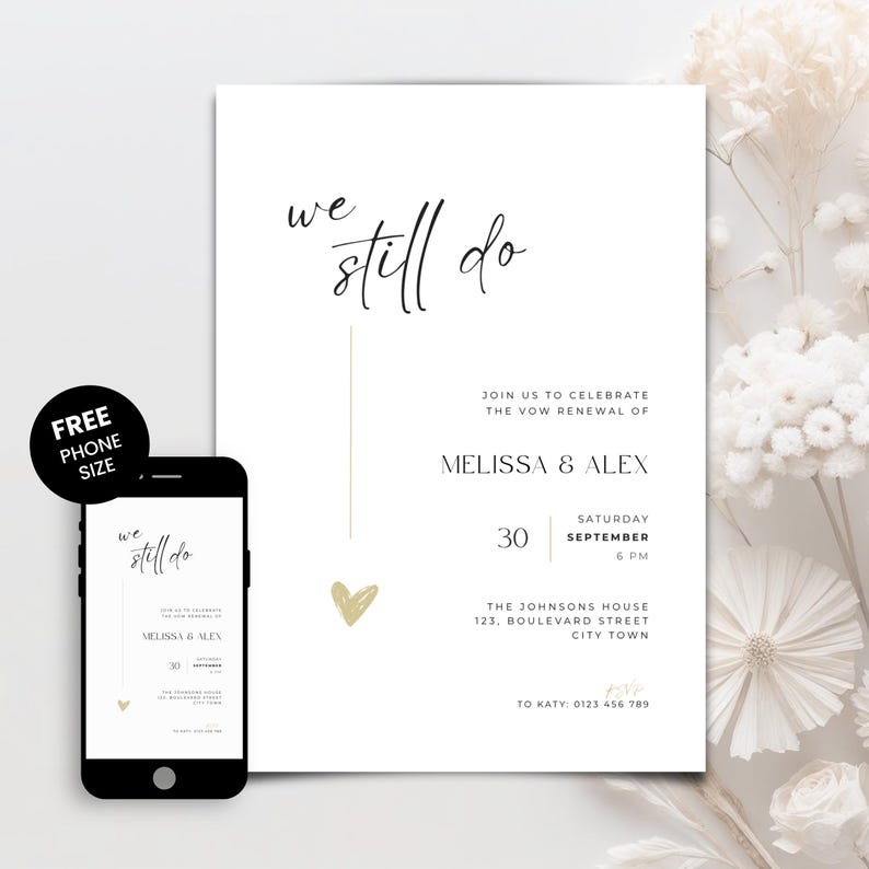 Minimalistic and elegant “We Still Do” wedding anniversary invitation with modern handwritten typography in black and white. This digital download can be used as an evite, phone text invitation, or printable card for a vow renewal, golden wedding, silver anniversary, or bronze celebration. The simple and timeless layout creates a sophisticated atmosphere for couples celebrating lasting love with style and grace.