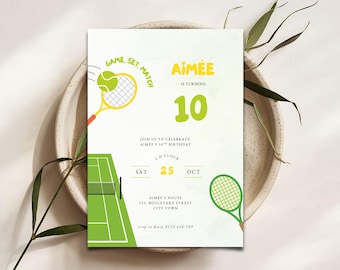 May include: A birthday invitation with a tennis theme. The invitation features a tennis court illustration, tennis rackets, and a tennis ball. The text reads "Game, Set, Match" and "Aimee is turning 10". The date is October 25th.