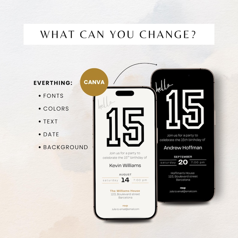 Elegant 15th birthday invitation template for boys with a clean, modern layout. Perfect for a digital birthday invite, party invitation, or birthday announcement. Ideal for anyone turning fifteen and planning a stylish celebration.
