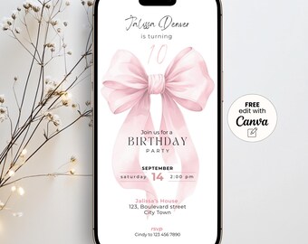 Invitación de cumpleaños número 10 con lazo rosa coqueto, plantilla digital editable para fiesta de niñas, descarga instantánea para adolescentes.