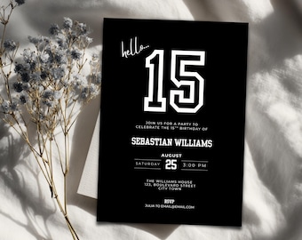 Invitación editable de 15.º cumpleaños para niños - Invitación minimalista para adolescentes deportistas negros (Descarga digital)