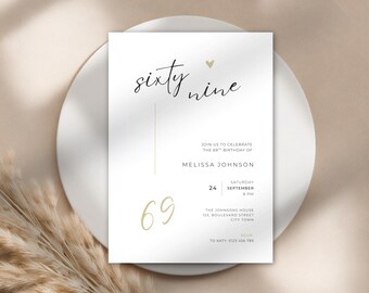 Invitación editable para el 69 cumpleaños: Plantilla minimalista para hombre y mujer (Descarga digital)