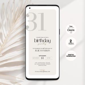 Può includere: Un invito digitale per una festa di compleanno visualizzato sullo schermo di uno smartphone. L'invito presenta il numero "31", le parole "birthday party" e i dettagli dell'evento. Include "free edit with Canva" e "digital download".