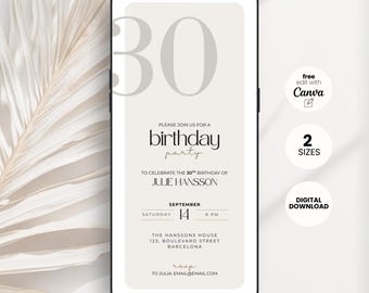 Editable 30th Birthday Invitation Template: Elegant Mobile Evite (Digital Download)