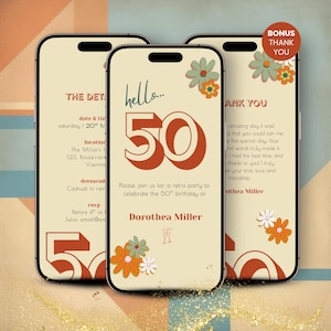 Retro 50th Birthday Invitation Template, 50th Anniversary Invite, Electronic 50th Birthday Party Evite, Digital Fifty Birthday Thank You