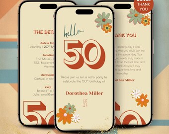 Plantilla de invitación retro para 50 cumpleaños: editable en Canva y Evite (descarga digital)