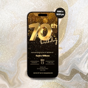 Digital 70th Birthday Invitation, Seventy Party Invite, Editable 70th Party Evite, Gold Birthday Invite Template, Mobile Bday For Her Evite