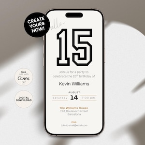 Elegant 15th birthday invitation template for boys with a clean, modern layout. Perfect for a digital birthday invite, party invitation, or birthday announcement. Ideal for anyone turning fifteen and planning a stylish celebration.