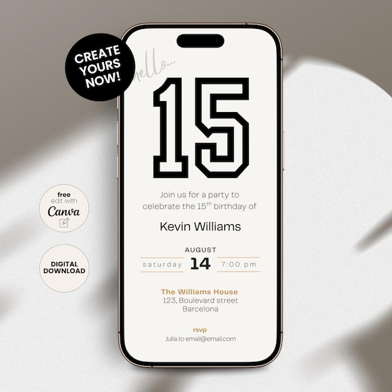 15th Birthday Invite Boy, Fifteen Birthday Party Digital Invitation, 15th Birthday Invite, Electronic 15th Bday Evite for Boys Template LF12