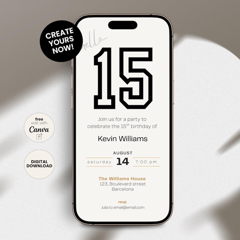 Elegant 15th birthday invitation template for boys with a clean, modern layout. Perfect for a digital birthday invite, party invitation, or birthday announcement. Ideal for anyone turning fifteen and planning a stylish celebration.