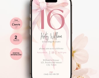 Pink Bow Sweet Sixteen 16th Birthday Invitation, Editable Canva Template (Digital Download)