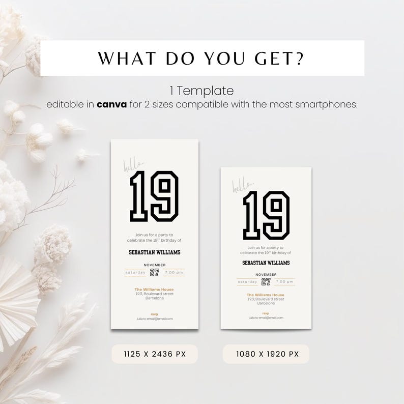 Minimal 19th birthday invitation template for men or woman with a clean, modern layout. Perfect for a digital birthday invite, party invitation, or birthday announcement. Ideal for anyone turning nineteen and planning a stylish celebration.
