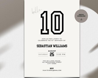 Tarjeta de cumpleaños número 10 para niño (imprimible) - Invitación editable para fiesta de trece años - Invitación minimalista deportiva (descarga digital) LF11