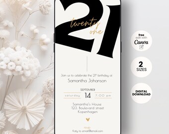 Plantilla de invitación de cumpleaños número 21, editable, con temática de Evite minimalista para hombre y mujer (descarga digital)