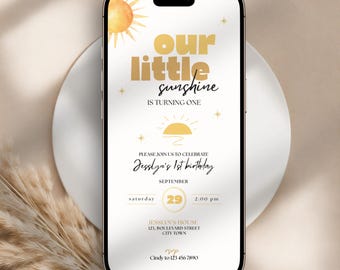 Our Little Sunshine First Birthday Invitation, Boho Sun Theme (Digital Template)