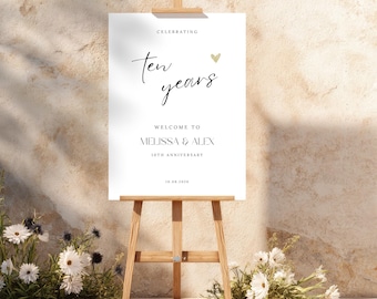 Plantilla de letrero de bienvenida para el décimo aniversario, letrero de entrada editable para boda (descarga digital) DN01