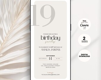 May include: A smartphone screen displaying a digital birthday invitation. The design includes the number 19, the words "birthday party", and event details. Additional text includes "free edit with Canva", "2 sizes", and "digital download".