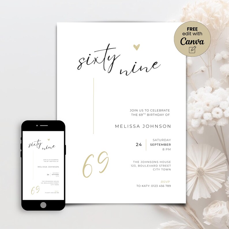 Editable 69th Birthday Invitation: Minimal Invite Template for Man and ...