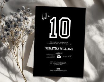 Invitación editable para el décimo cumpleaños de un niño - Invitación minimalista negra para fiesta (Descarga digital)