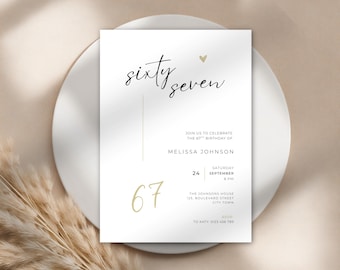 Invitación editable para el 67 cumpleaños: Plantilla minimalista para hombre y mujer (Descarga digital)