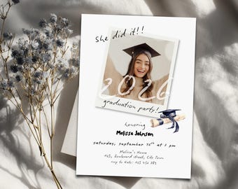 Invitación de graduación con plantilla de foto, invitación editable para la generación de 2026 (descarga digital)