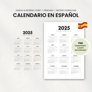 Calendario 2025 Español PNG Calendario 2025 Para Imprimir Calendario Comienza Domingo y Lunes Transparente PNG Spanish Calendar 2025