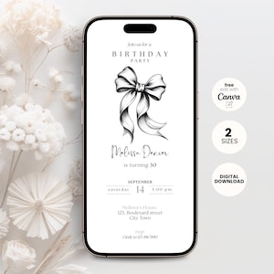 Black Bow 30th Birthday Invitation: Editable Coquette Evite (Digital Download, Canva Template)