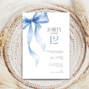 12th Birthday Invitation Blue Bow for Girl Template: Editable Watercolor Coquette Invite and Evite (Digital Download) LF20