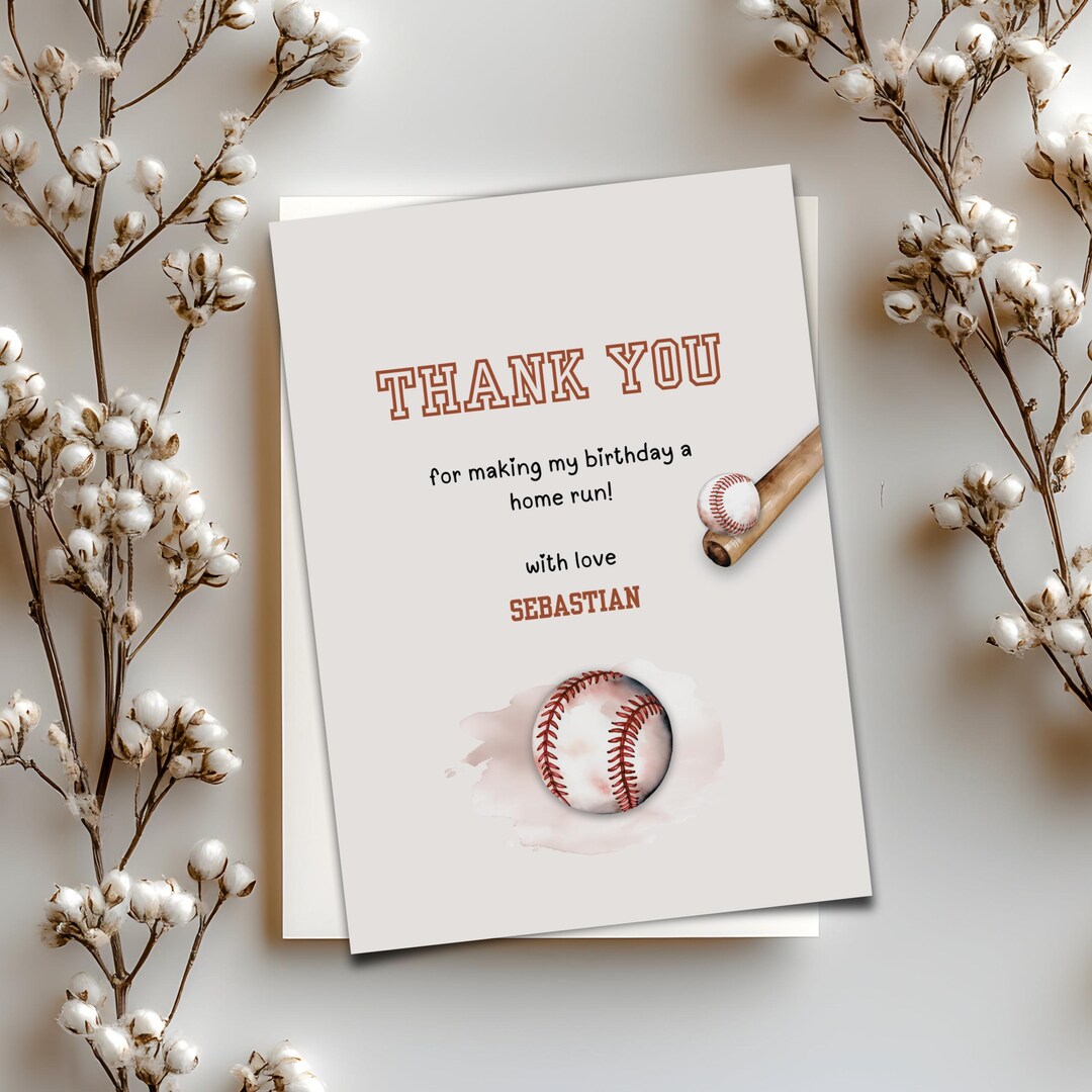 Baseball Thank You Card, Editable Birthday Canva Template (digital ...