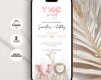 Two Wild Safari Birthday Invitation Girl: Pink Jungle Animals Evite (Digital Template Canva Edit)