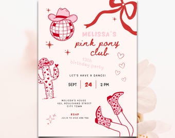 Invitación de cumpleaños del Club Pony Rosa: Invitación para fiesta de 13.º cumpleaños de niña, plantilla editable (descarga digital) LF14