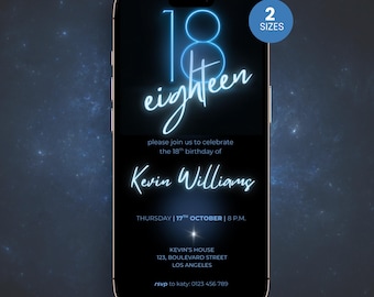 Neon Glow 18th Birthday Invitation Template for Boys : Digital Evite (Canva Editable, Digital Download)