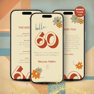 Retro 60th Birthday Invitation Template, 60th Anniversary Invite, Electronic 60th Birthday Party Evite, Digital 60th Birthday Thank You