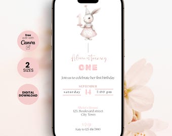 Bunny First Birthday Invitation Template, Editable Girl Evite (Digital Download)