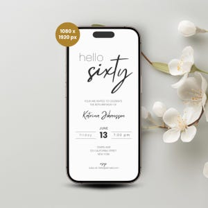 Hello 60 Party Invitation Template, Hello Sixty Birthday Digital Invitation, 60th Birthday Invite, 60th Evite, Digital 60th Invitation