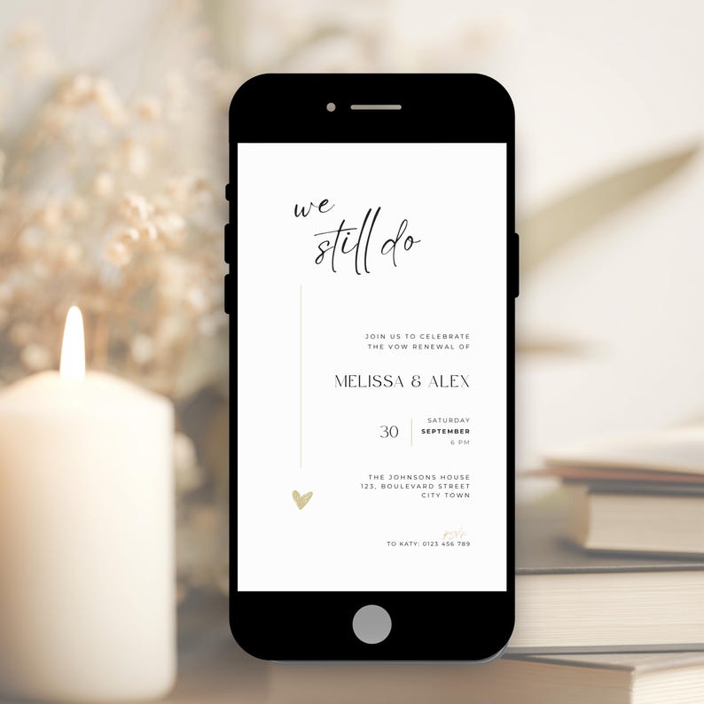 Minimalistic and elegant “We Still Do” wedding anniversary invitation with modern handwritten typography in black and white. This digital download can be used as an evite, phone text invitation, or printable card for a vow renewal, golden wedding, silver anniversary, or bronze celebration. The simple and timeless layout creates a sophisticated atmosphere for couples celebrating lasting love with style and grace.