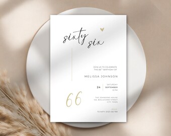 Invitación editable para el 66º cumpleaños: Plantilla minimalista para hombre y mujer (Descarga digital)