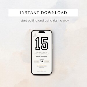 Elegant 15th birthday invitation template for boys with a clean, modern layout. Perfect for a digital birthday invite, party invitation, or birthday announcement. Ideal for anyone turning fifteen and planning a stylish celebration.